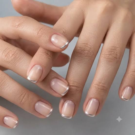 Short Square Sheer Nude Silver Line Nails Short Square Sheer Nude Silver Line Nails — Trendy Short Acrylic Nails