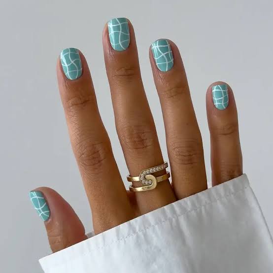 Short Oval Blue Green White Grid Nails Short Oval Blue Green White Grid Nails — Trendy Short Acrylic Nails