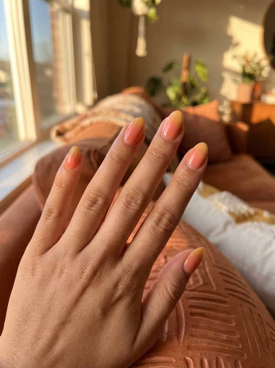 Short Almond Peach Pink Yellow Ombre Nails Short Almond Peach Pink Yellow Ombre Nails — Trendy Short Acrylic Nails