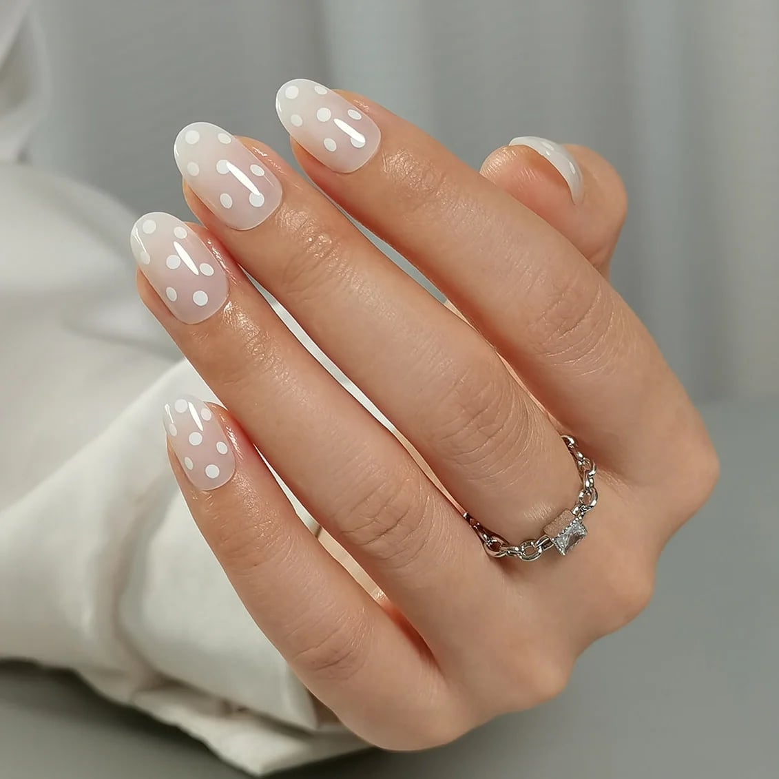 Short Oval Sheer Nude Polka Dot Nails Short Oval Sheer Nude Polka Dot Nails — Trendy Short Acrylic Nails
