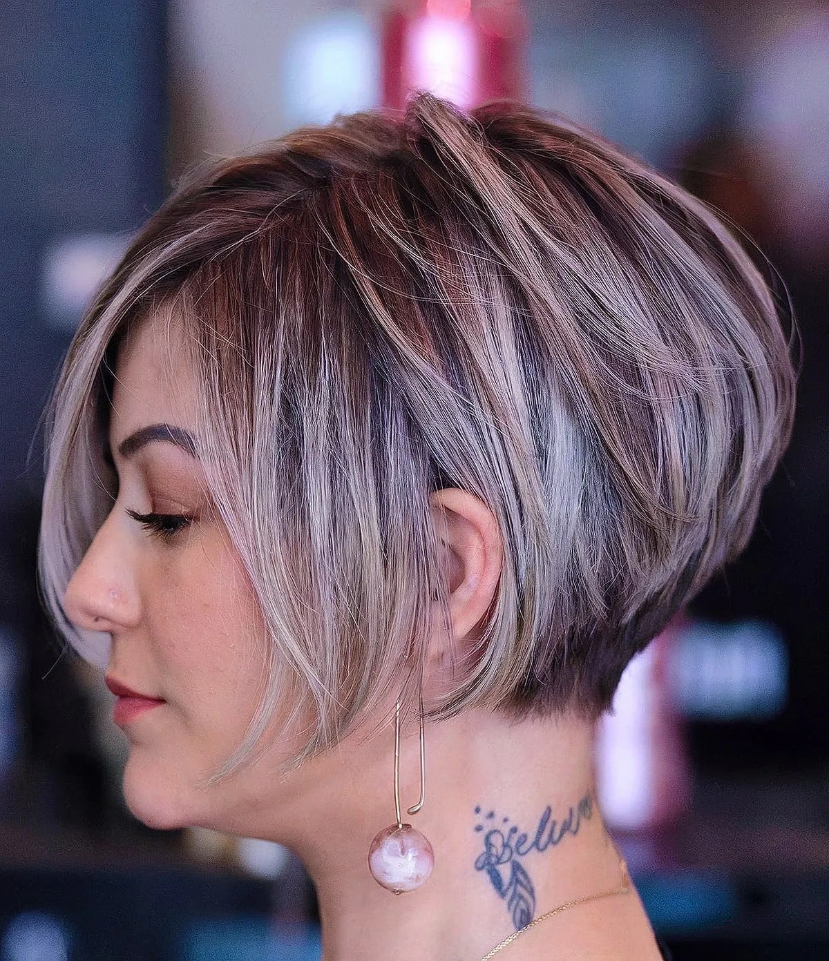Dark Brown Stacked Bob With Textured Layers Dark Brown Stacked Bob With Textured Layers — Trendy Short Bob