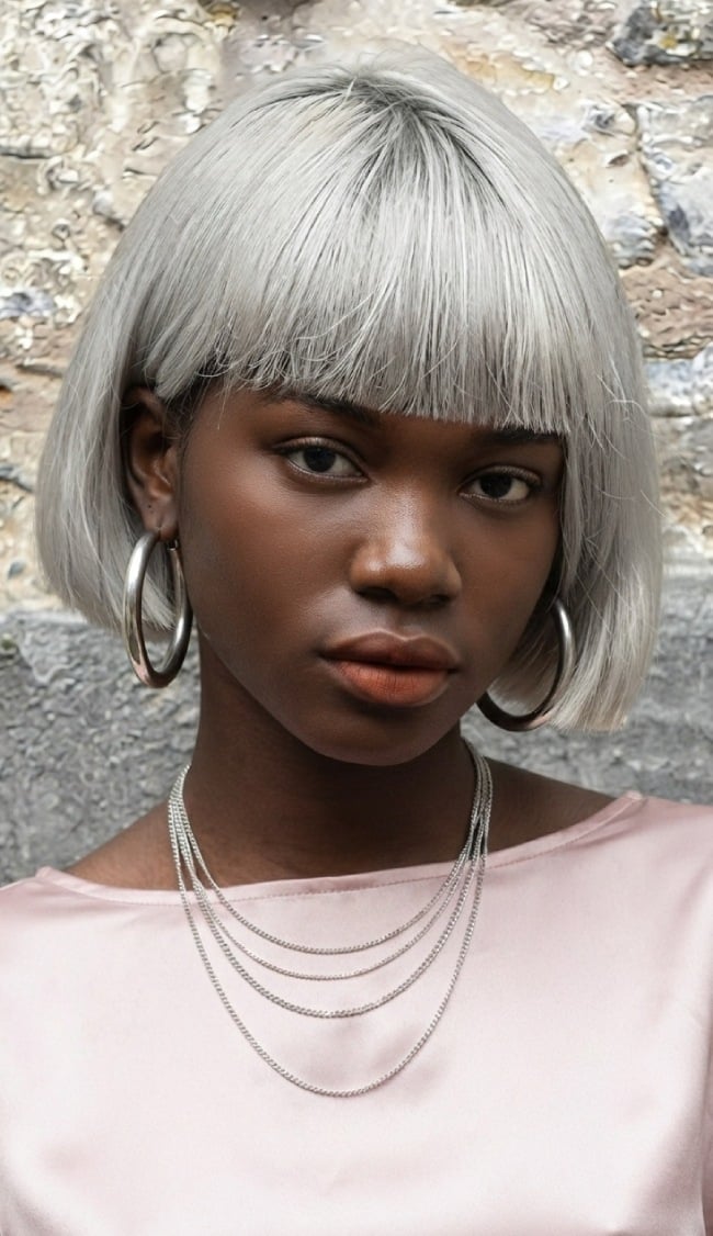 Silver Blunt Bob With Blunt Bangs Silver Blunt Bob With Blunt Bangs — Trendy Short Bob
