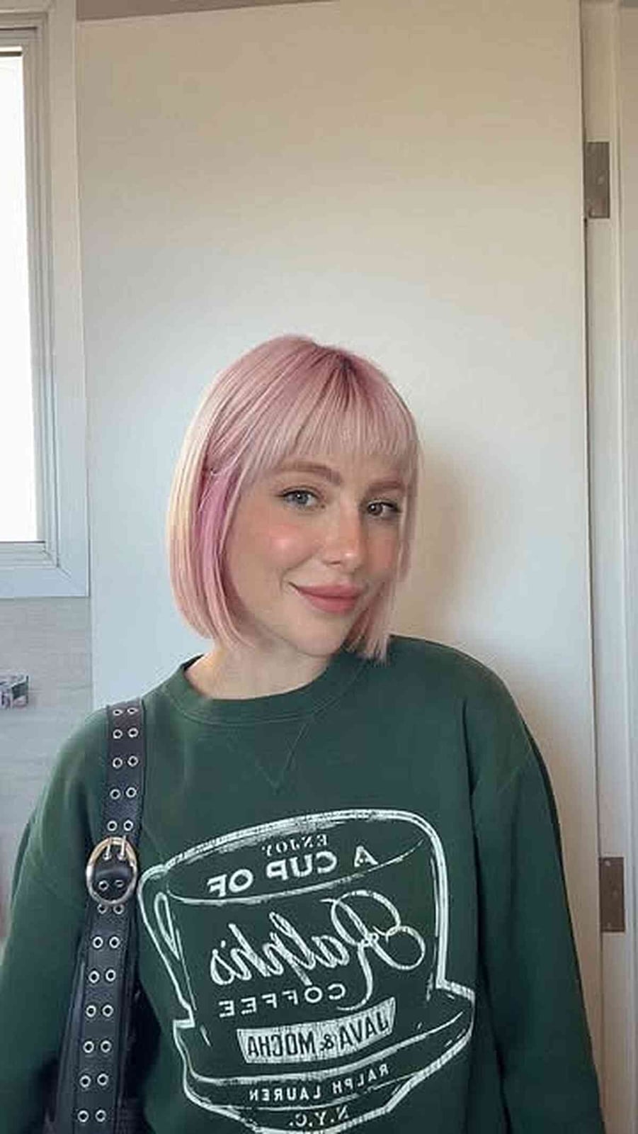 Pink Bob With Wispy Bangs And Dark Roots Pink Bob With Wispy Bangs And Dark Roots — Trendy Short Bob