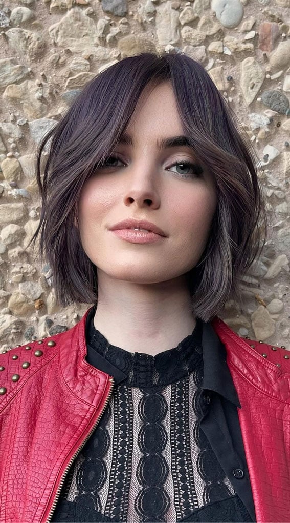 Muted Purple Bob With Side Part Curtain Bangs Muted Purple Bob With Side Part Curtain Bangs — Trendy Short Bob
