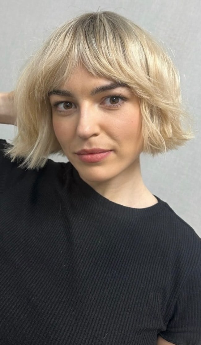 Creamy Vanilla Blonde Bob With Soft Waves Creamy Vanilla Blonde Bob With Soft Waves — Trendy Short Bob