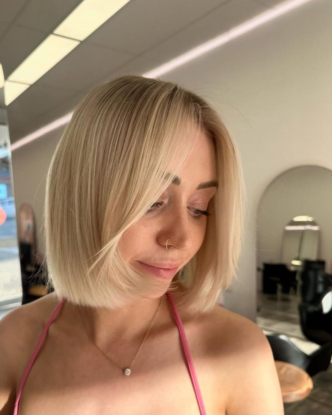 Ash Blonde Bob With Sweeping Curtain Bangs Ash Blonde Bob With Sweeping Curtain Bangs — Trendy Short Bob