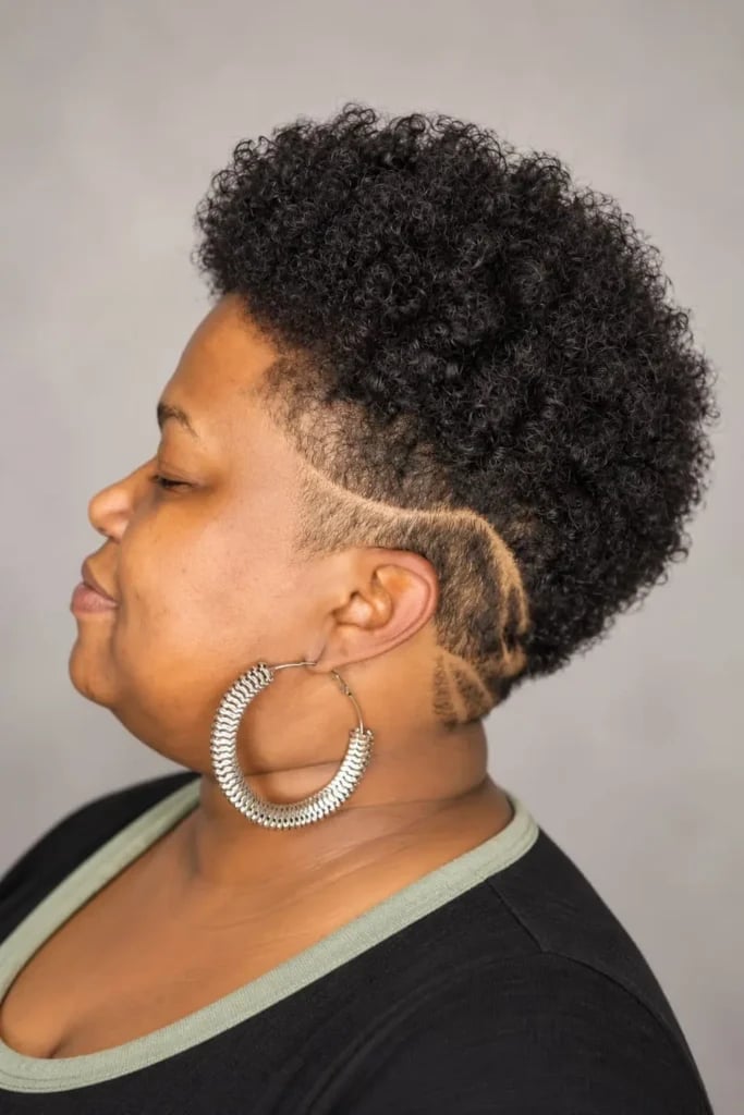 Curly Black Crop With Shaved Design Curly Black Crop With Shaved Design — Trendy Short Natural Hairstyles