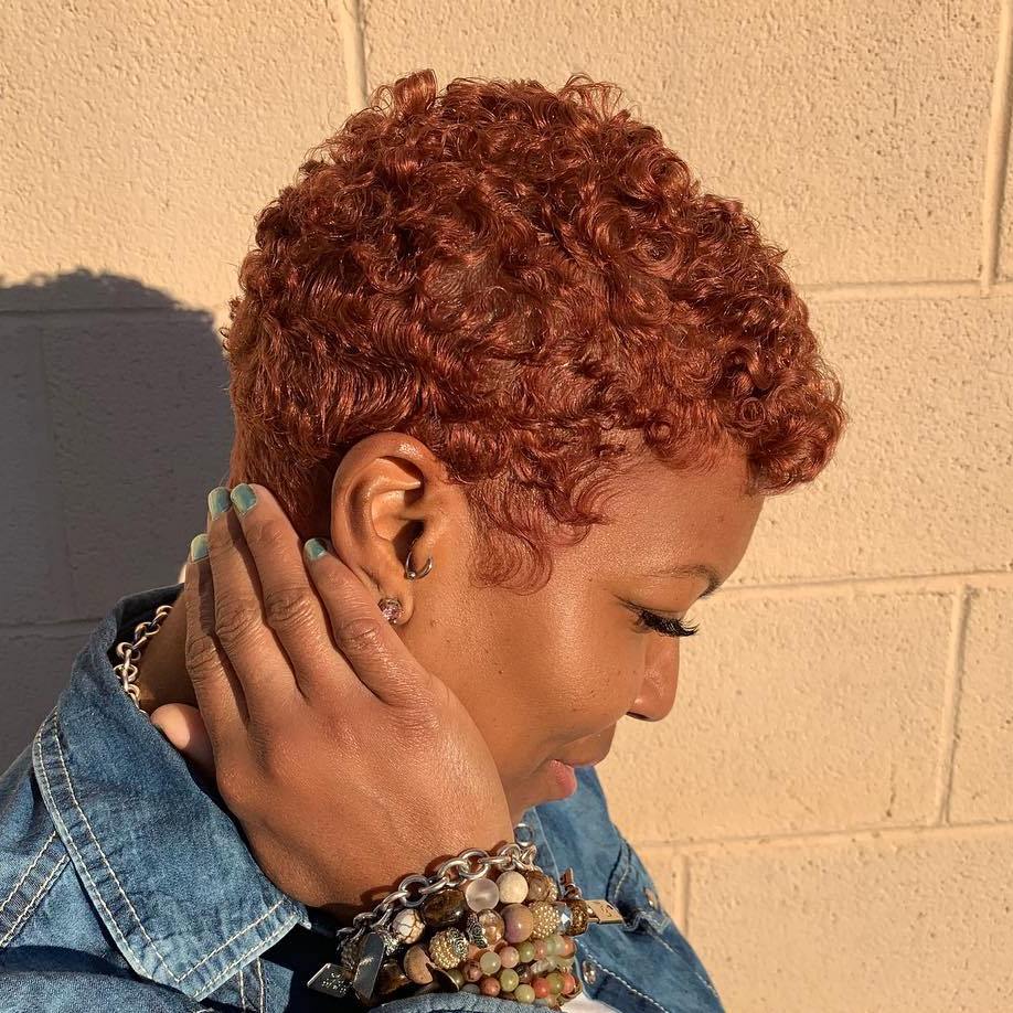 Thick Curly Red Pixie With Blowout, Ear Thick Curly Red Pixie With Blowout, Ear — Trendy Short Natural Hairstyles