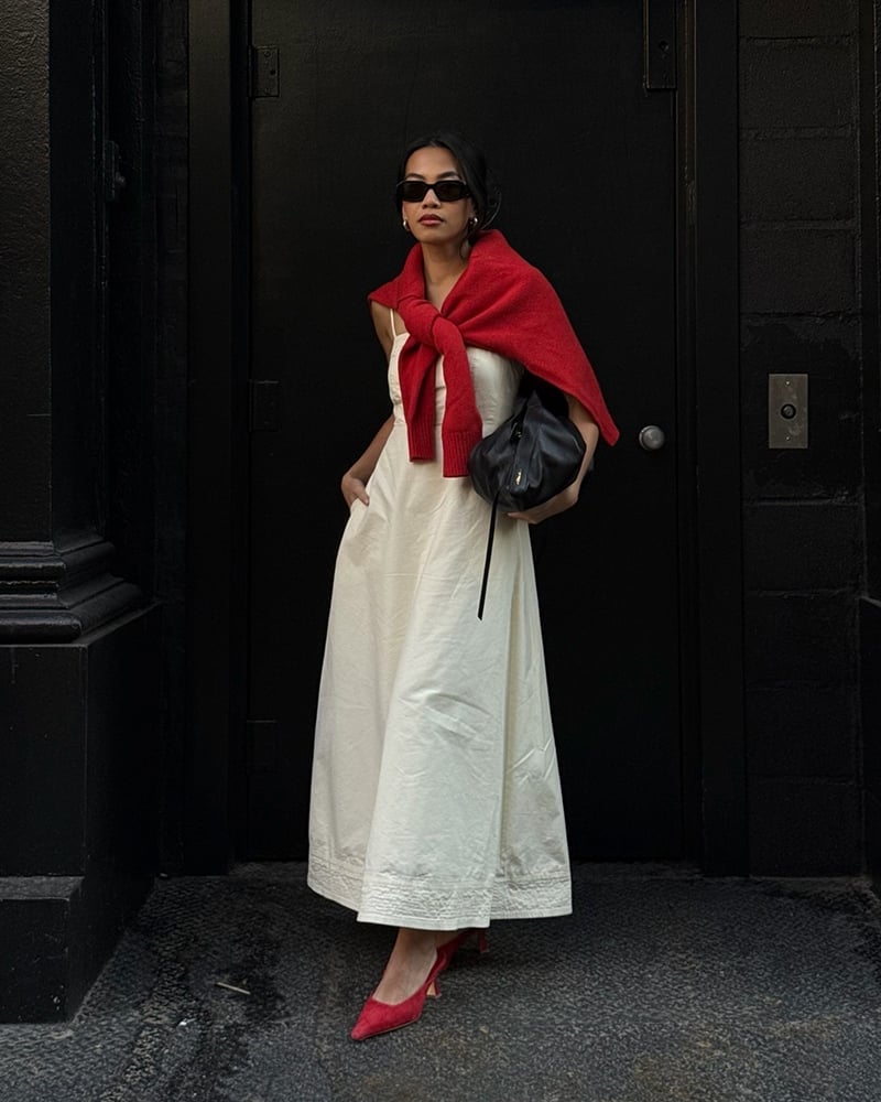 Casual White Dress With An Oversized Black Shoulder Bag, Close-Up Take Casual White Dress With An Oversized Black Shoulder Bag, Close-Up Take — Trendy Shoulder Bag Outfits