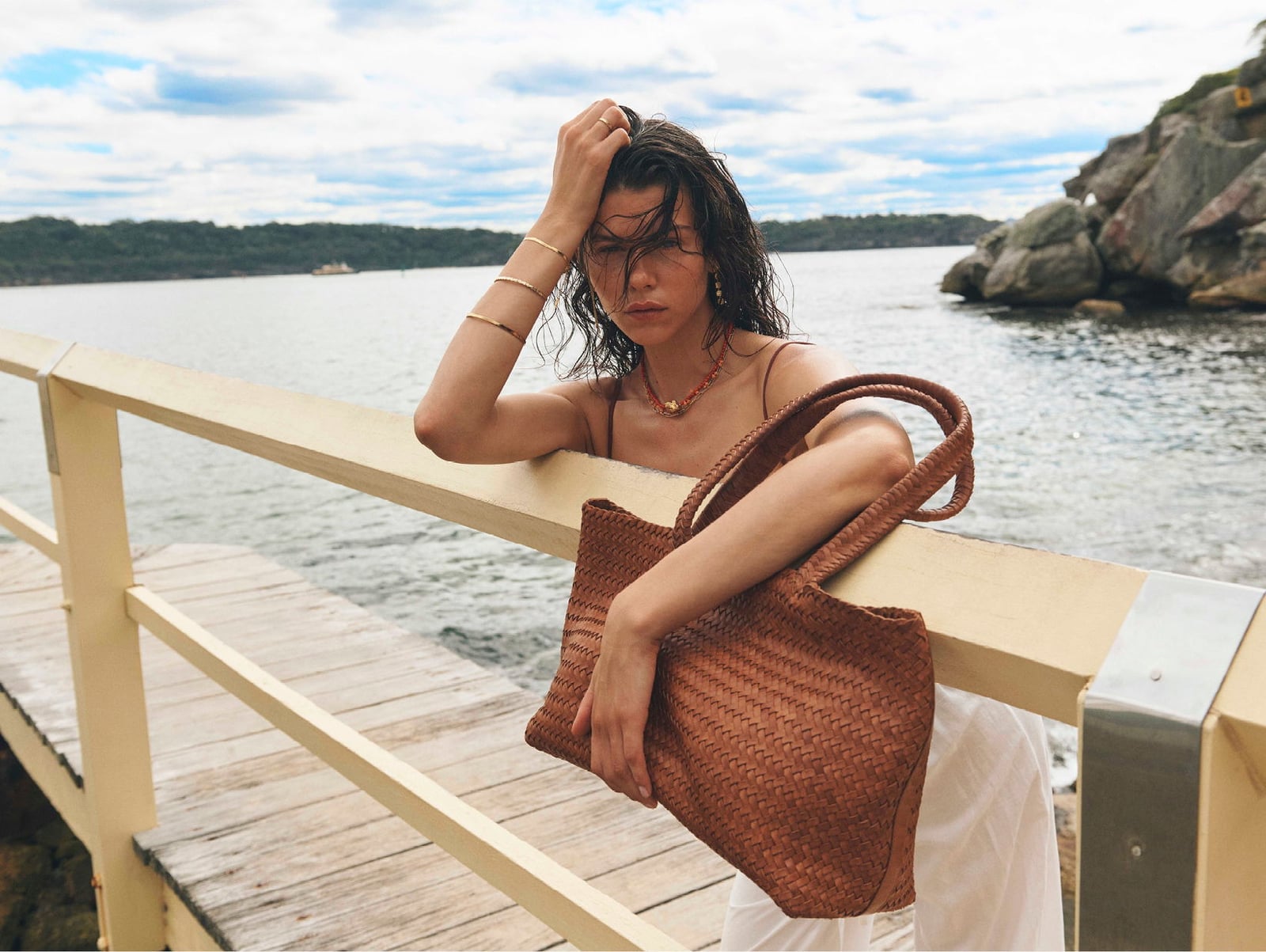 Neutral Tones With A Large Woven Leather Tote Bag Neutral Tones With A Large Woven Leather Tote Bag — Trendy Shoulder Bag Outfits