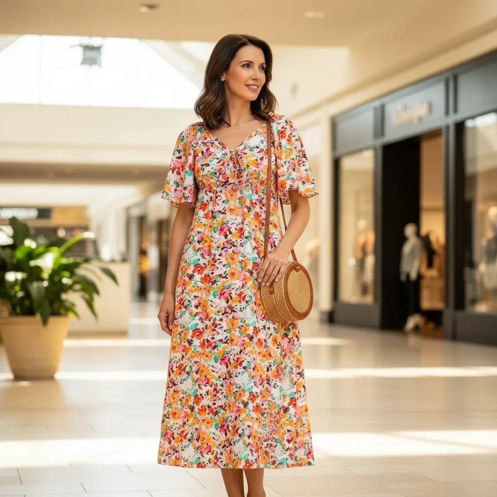Casual Floral Dress With Round Straw Bag, Office-Safe Version Casual Floral Dress With Round Straw Bag, Office-Safe Version — Trendy Shoulder Bag Outfits