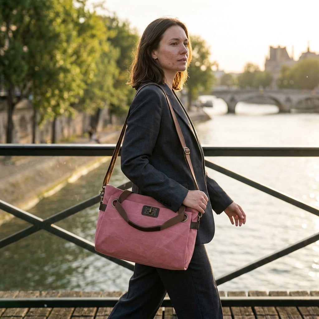 Professional Charcoal Suit With Dusty Rose Canvas Bag, Close-Up Take Professional Charcoal Suit With Dusty Rose Canvas Bag, Close-Up Take — Trendy Shoulder Bag Outfits