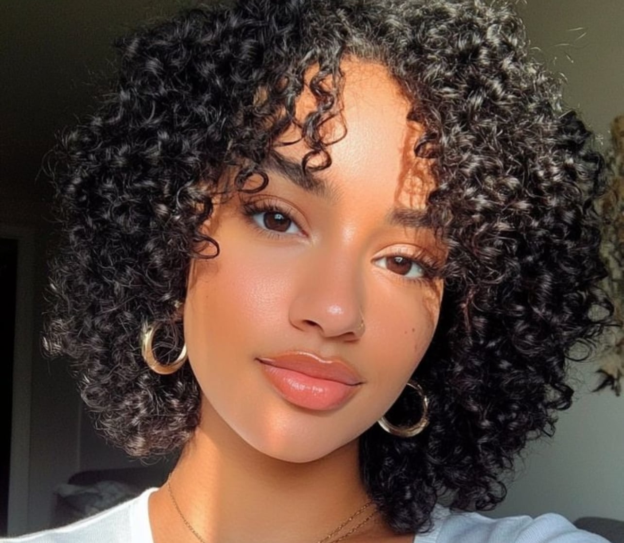 Black Curly Hair With Face-Framing Curtain Bangs — Trendy Shoulder Length Curly Hair