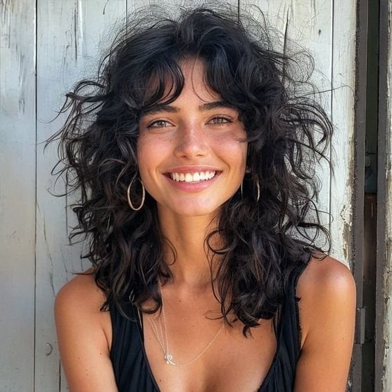 Shag Cut With Face-Framing Bangs — Trendy Shoulder Length Curly Hair