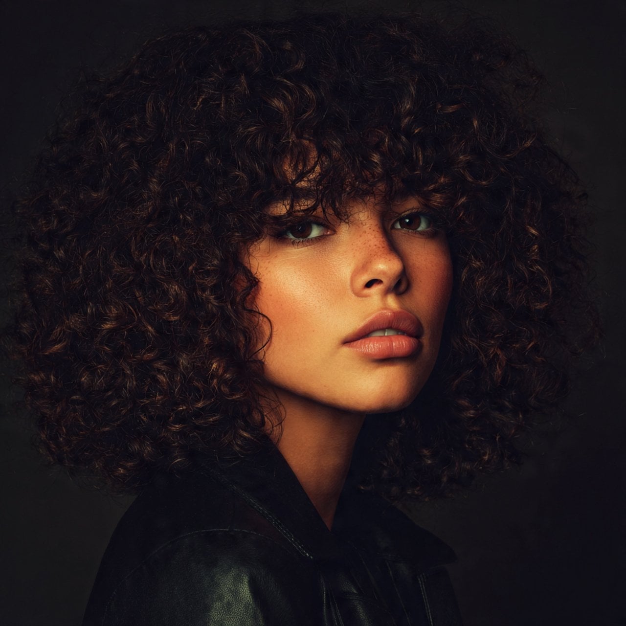 Glossy Dark Brown Curls With Soft Curtain Bangs — Trendy Shoulder Length Curly Hair
