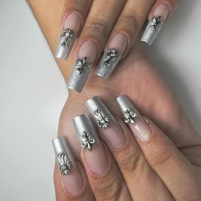 Long Square Nails With 3D Silver Crosses Long Square Nails With 3D Silver Crosses — Trendy Silver Chrome Nails