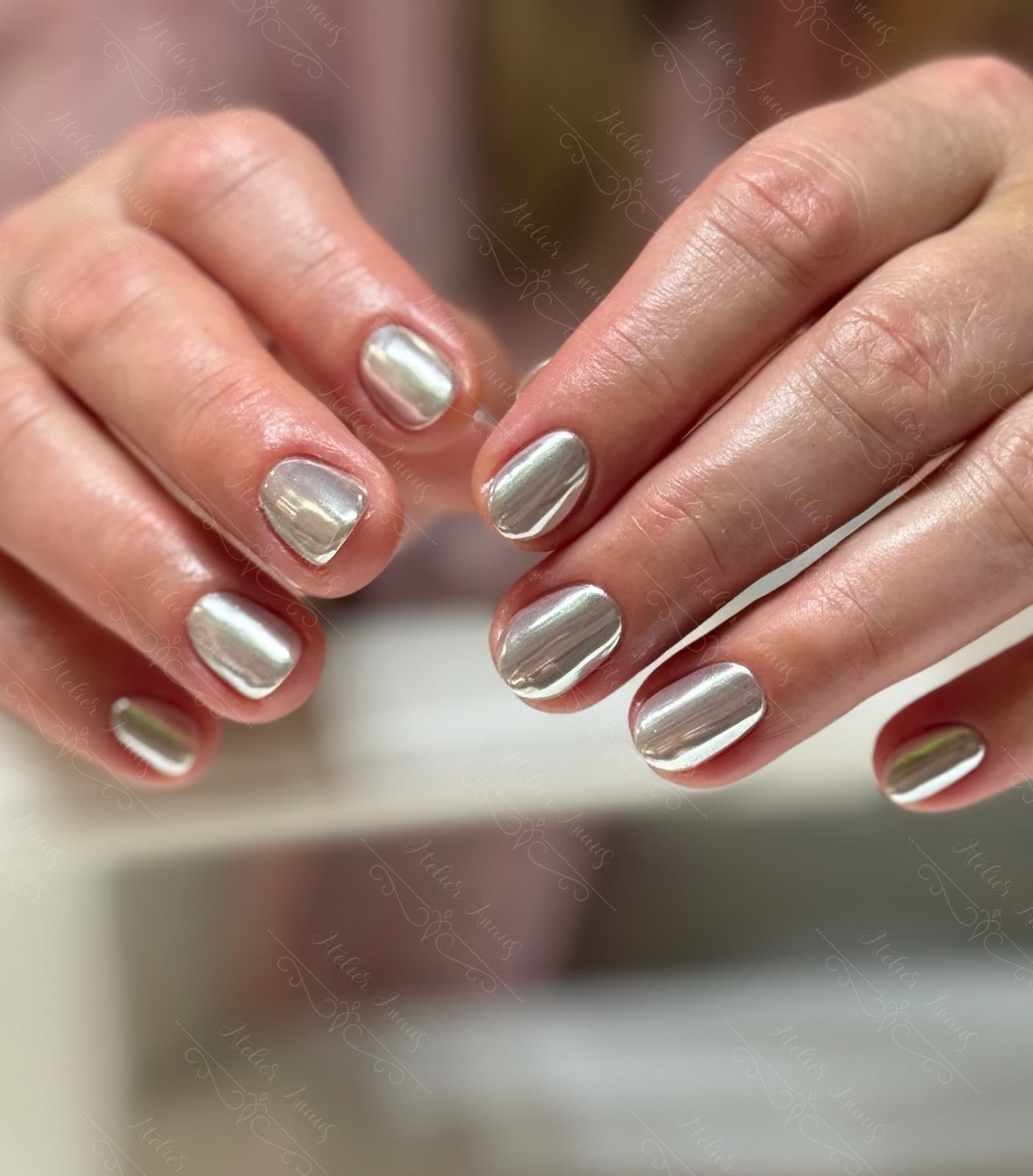 Short Square Nails With Pale Pink and Chrome Gradient Tips Short Square Nails With Pale Pink and Chrome Gradient Tips — Trendy Silver Chrome Nails