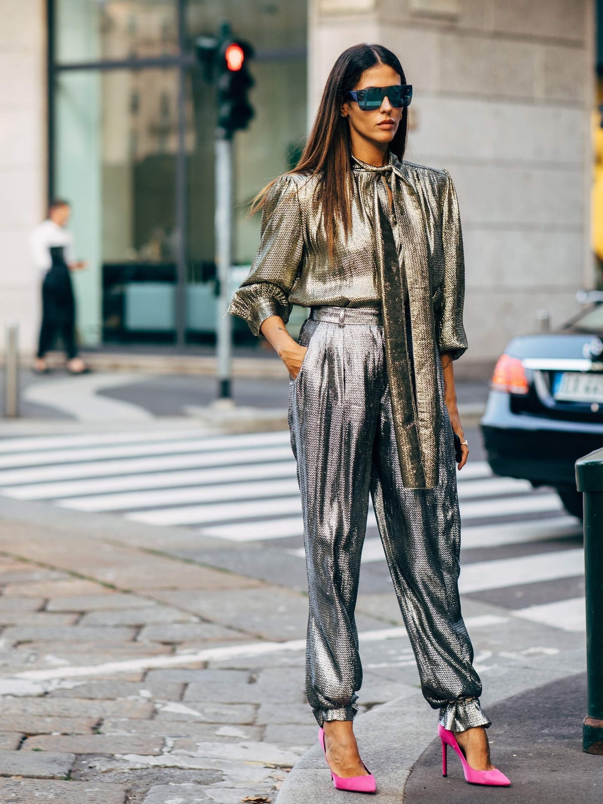 Liquid Silver Pants with a Gold Blouse — Trendy Silver Outfits
