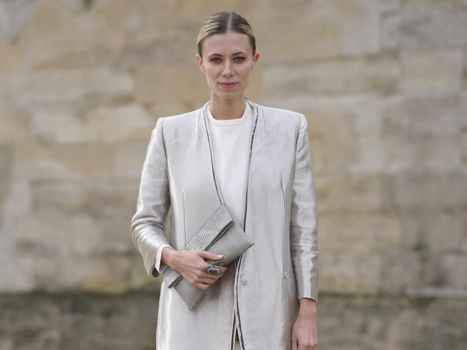 Long Liquid Silver Jacket Over White Top With Metallic Linen-Like — Trendy Silver Outfits