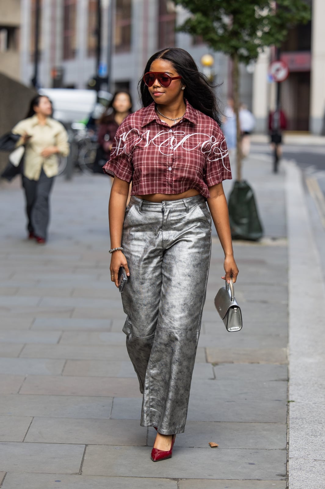 Liquid Silver Wide-Leg Pants with Plaid Shirt — Trendy Silver Outfits