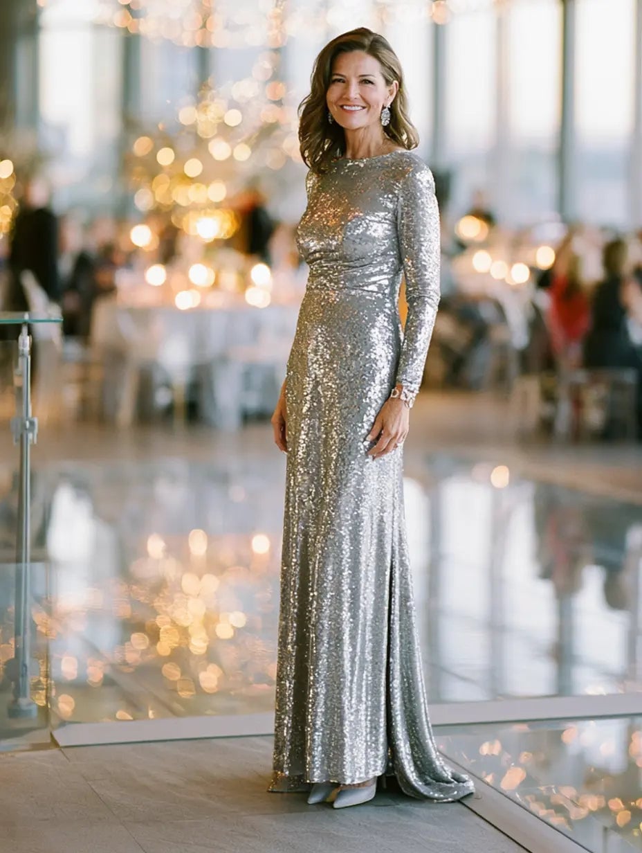 Floor-length Silver Sequin Gown — Trendy Silver Outfits