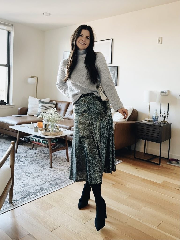 Silver Sequined Midi Skirt with Turtleneck — Trendy Silver Outfits