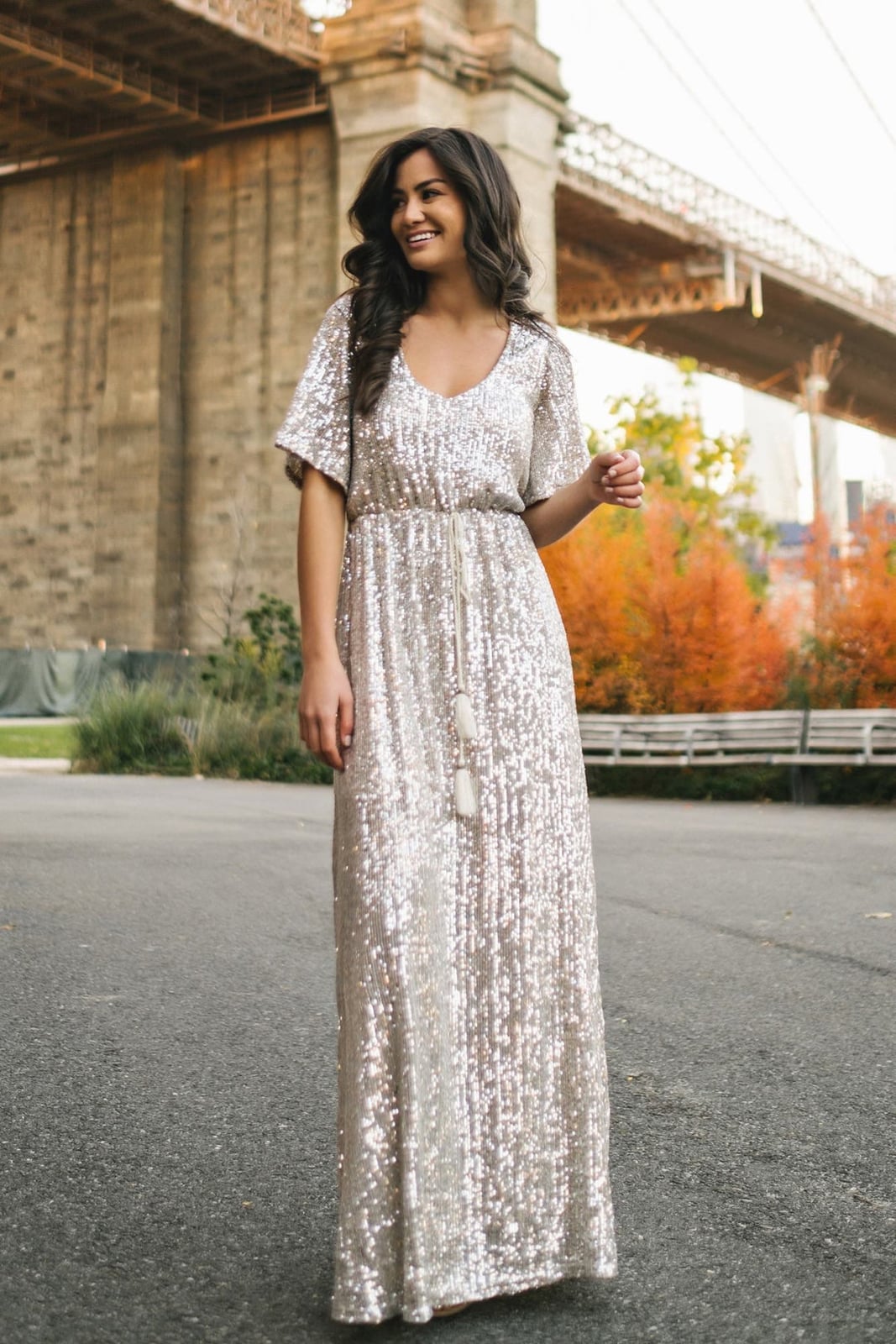 Silver Sequined Maxi Dress — Trendy Silver Outfits