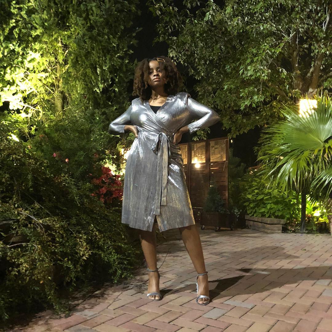 Silver Metallic Wrap Dress With Black V-Neck Top — Trendy Silver Outfits