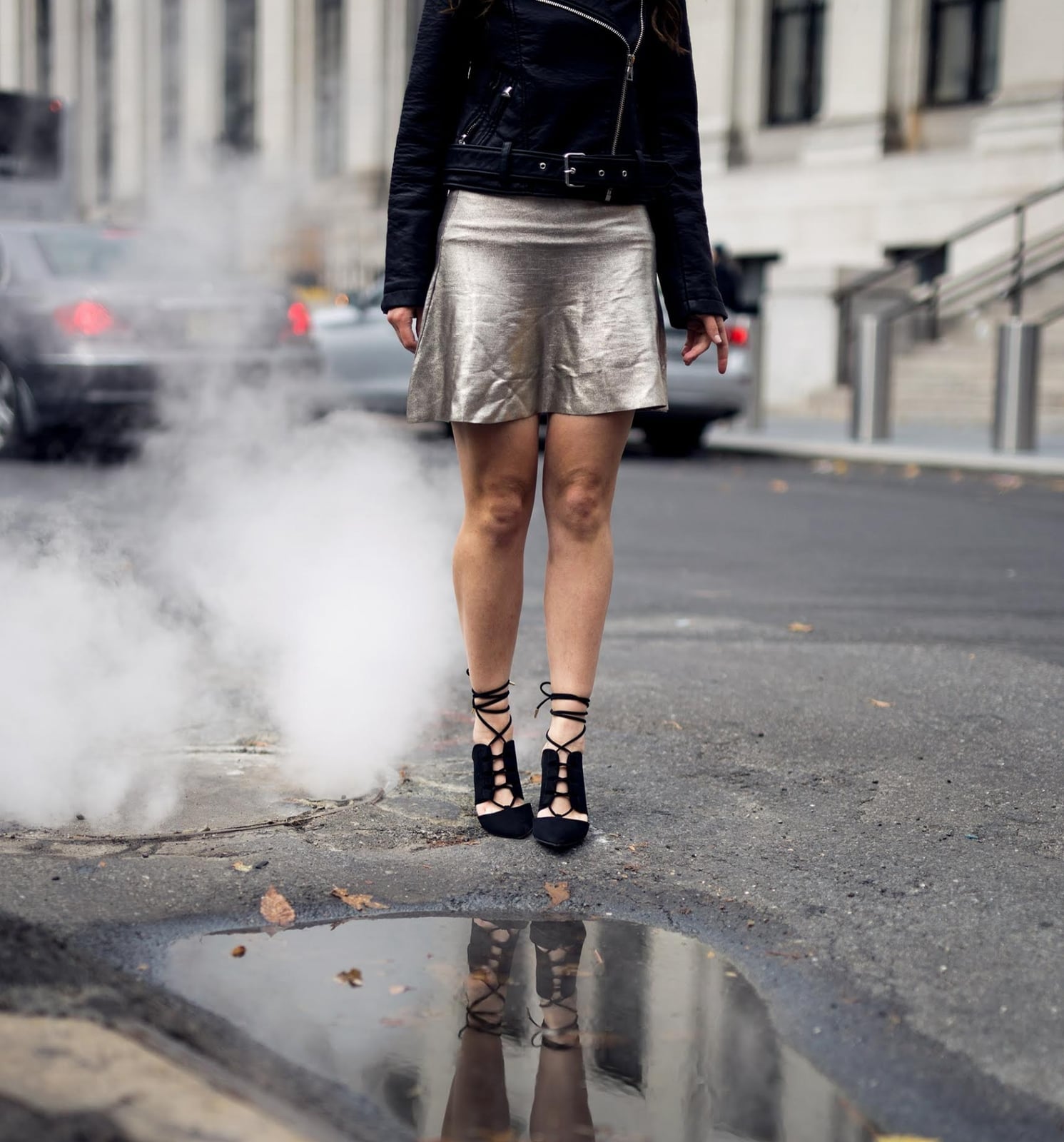 Silver Metallic A-Line Mini Skirt with Leather Jacket — Trendy Silver Outfits