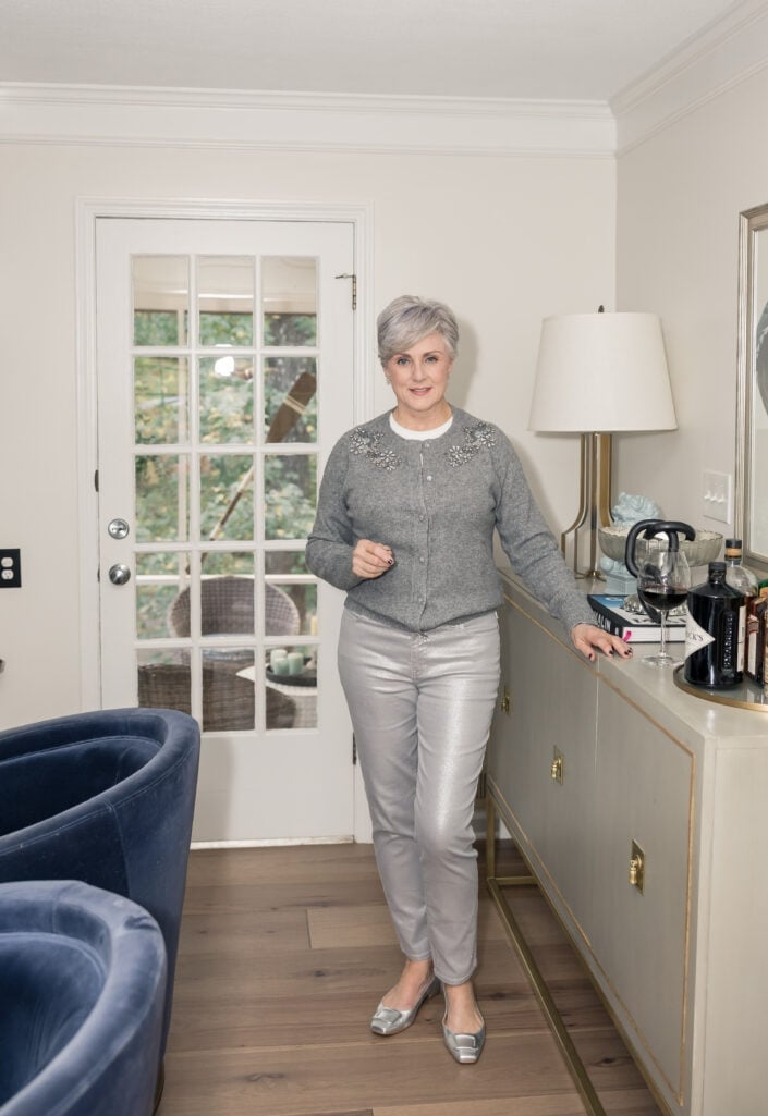 Silver Metallic Slim-Fit Pants with Cardigan — Trendy Silver Outfits