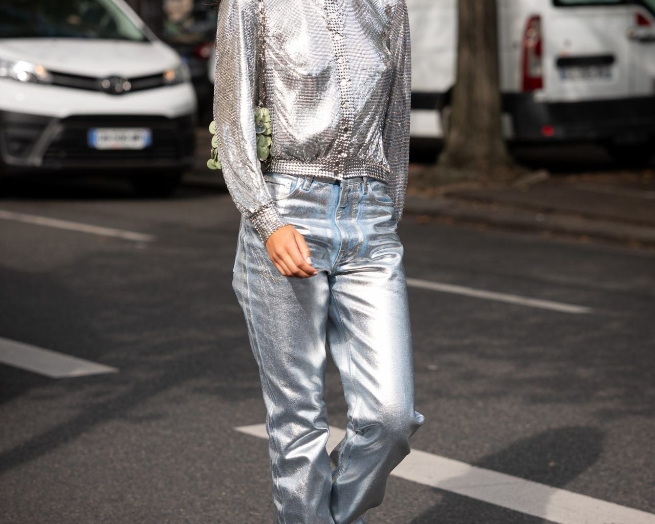 Metallic Silver Top with Matching Jeans — Trendy Silver Outfits
