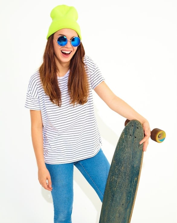 Striped T-Shirt with Jeans and Neon Green Beanie Striped T-Shirt with Jeans and Neon Green Beanie — Trendy Skater Outfits