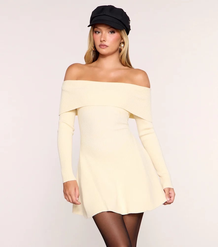Off-the-Shoulder Knit Dress with Newsboy Cap Off-the-Shoulder Knit Dress with Newsboy Cap — Trendy Skater Outfits