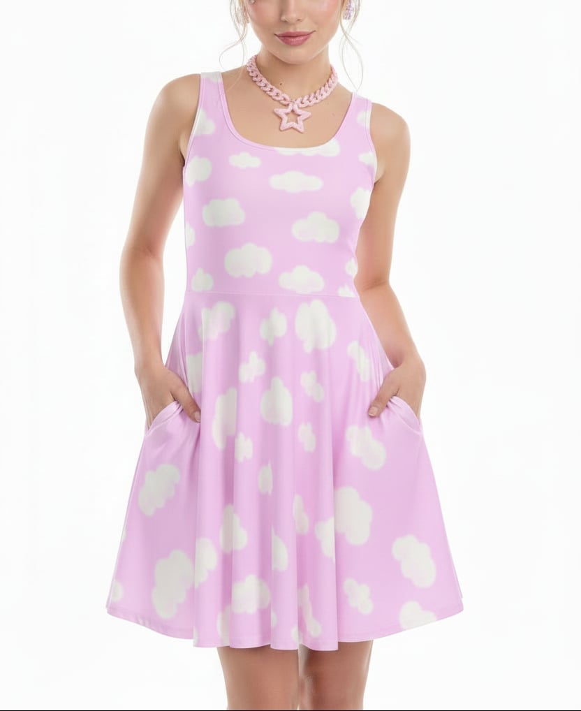 Pink Skater Dress with Cloud Print and Star Necklace Pink Skater Dress with Cloud Print and Star Necklace — Trendy Skater Outfits