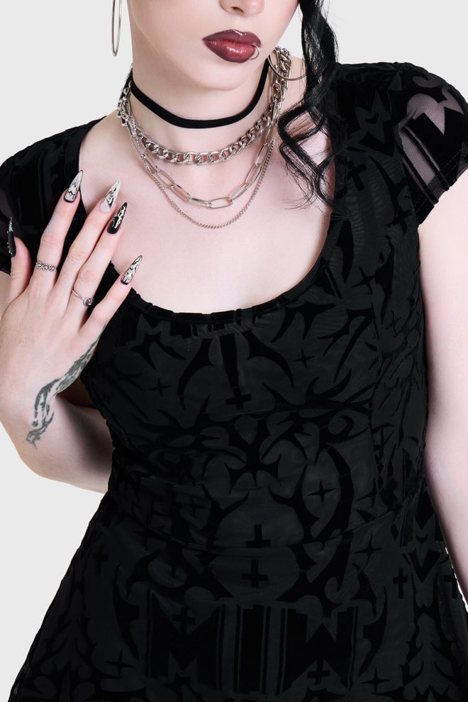 Black Velvet Burnout Skater Dress with Mesh Sleeves Black Velvet Burnout Skater Dress with Mesh Sleeves — Trendy Skater Outfits