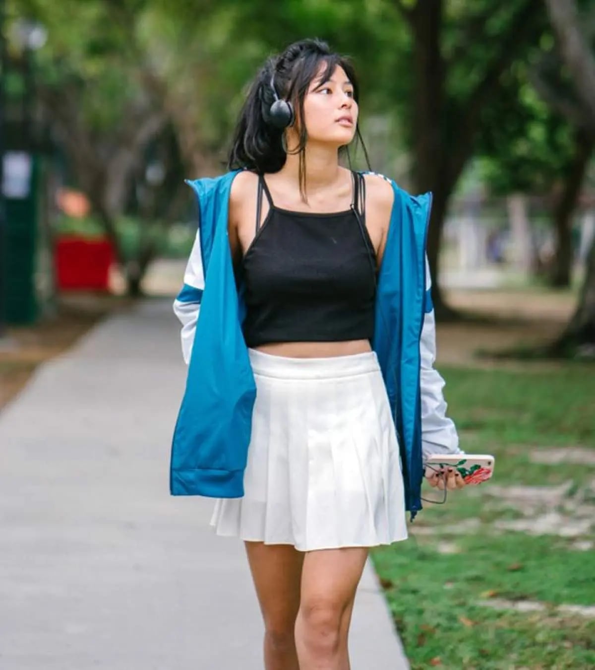 Black Crop Top with Pleated Skirt and Blue Jacket Black Crop Top with Pleated Skirt and Blue Jacket — Trendy Skater Outfits
