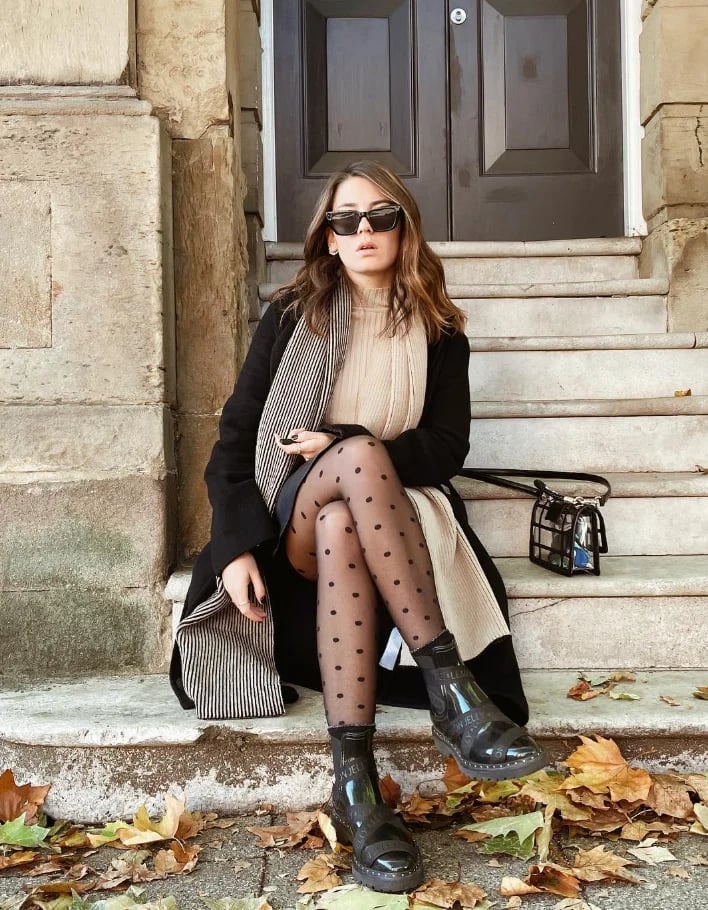 Skater Dress with Coat, Sheer Tights, and Combat Boots Skater Dress with Coat, Sheer Tights, and Combat Boots — Trendy Skater Outfits