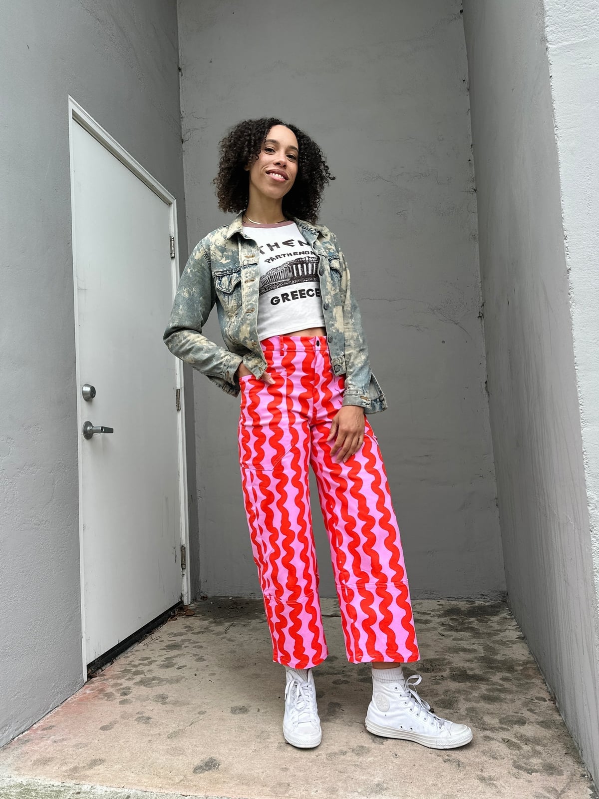 Graphic T-Shirt with Denim Jacket and Wavy Print Trousers Graphic T-Shirt with Denim Jacket and Wavy Print Trousers — Trendy Skater Outfits