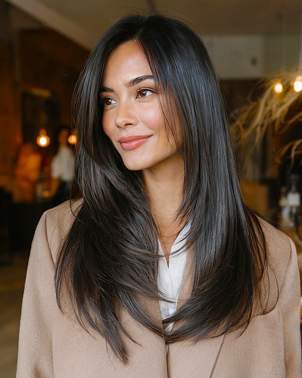 Long Dark Brown Hair With Face-Framing Layers Long Dark Brown Hair With Face-Framing Layers — Trendy Sleek Hairstyles