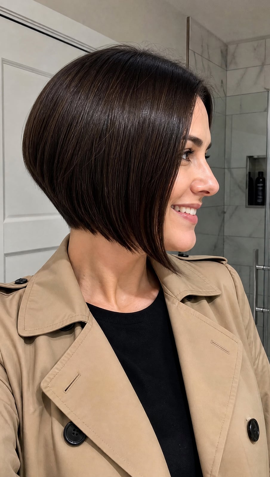 Dark Brown Angled Bob Rounded Shape Dark Brown Angled Bob Rounded Shape — Trendy Sleek Hairstyles