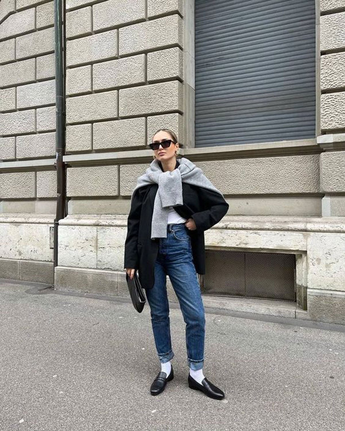 White Crew Socks with Black Loafers and Blazer — Trendy Socks Outfits