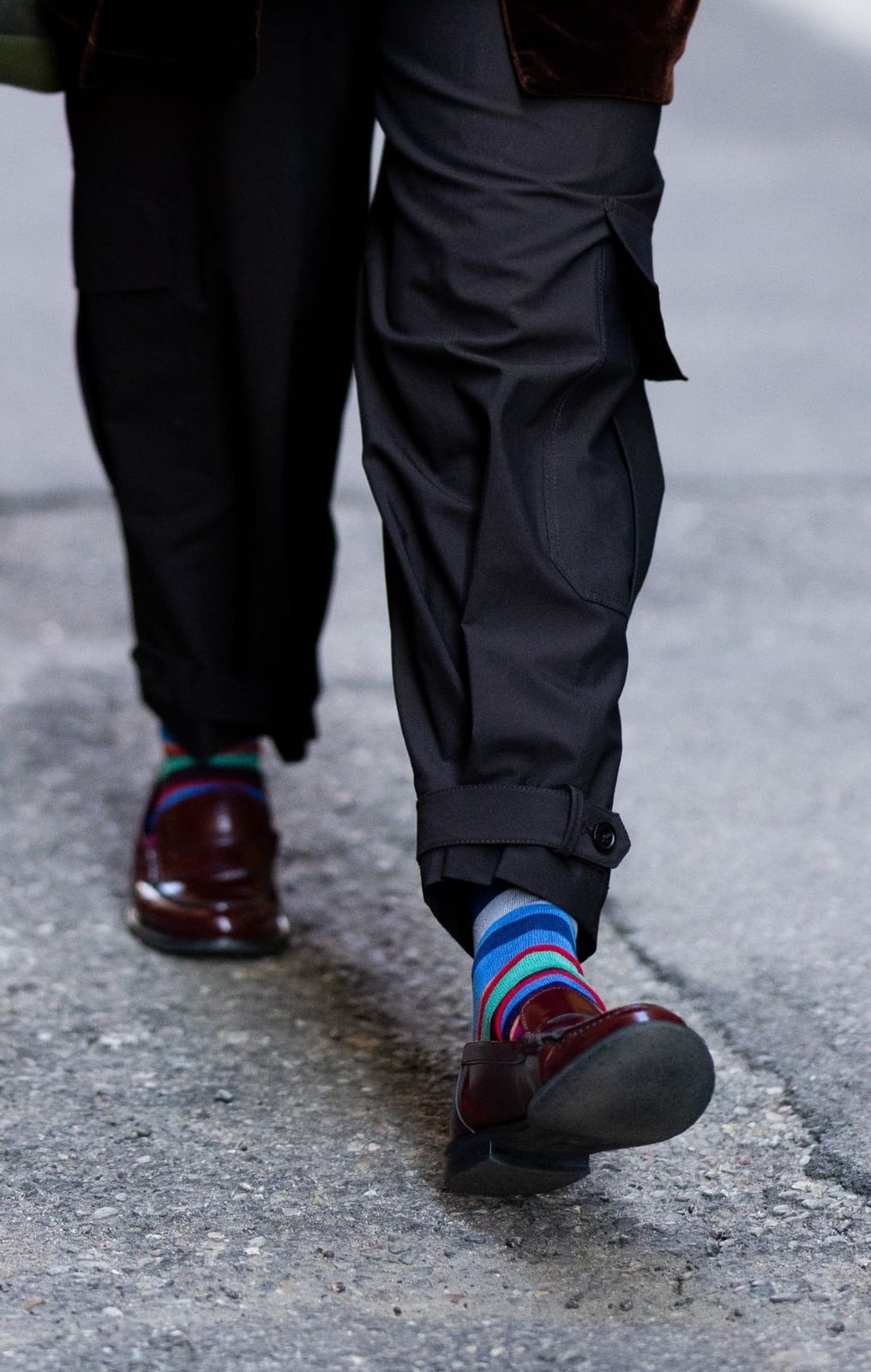 Striped Crew Socks with Burgundy Loafers — Trendy Socks Outfits