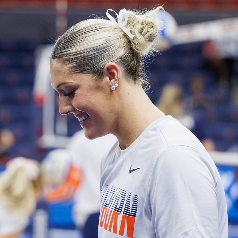 Blonde High Bun With White Scrunchie — Trendy Softball Hair