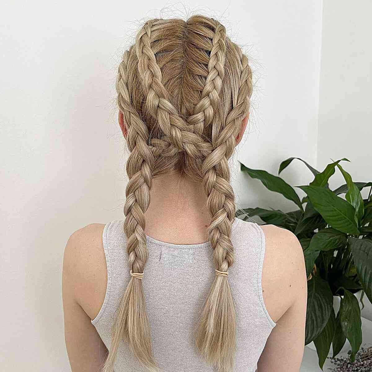 Mid-Back Double Braids With Intricate Pattern — Trendy Softball Hair