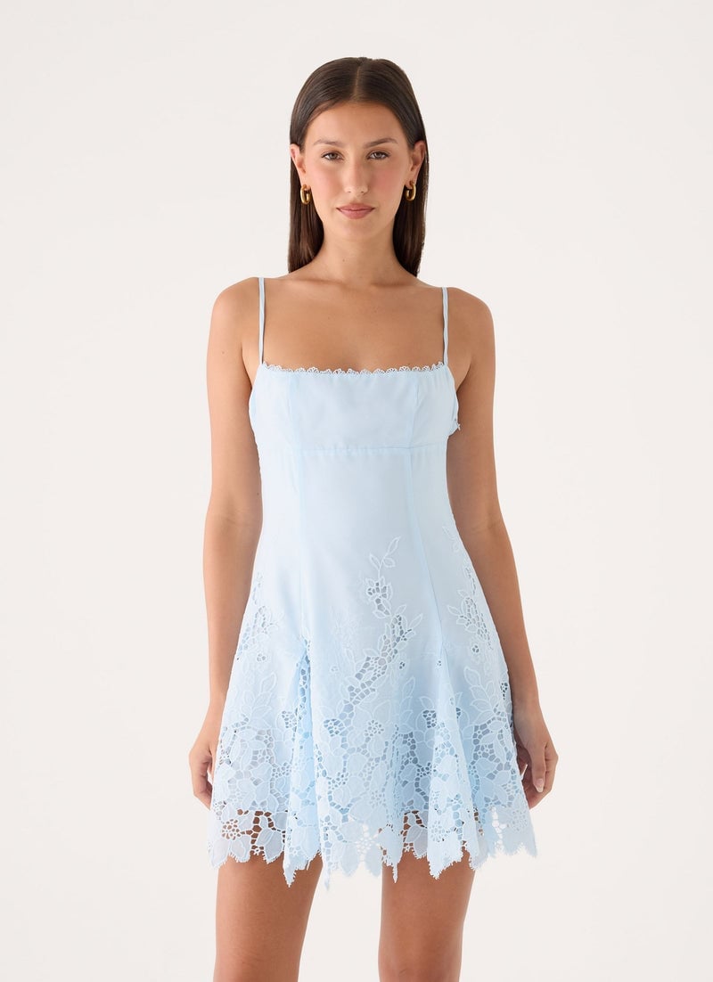 Light Blue Mini Dress with Lace Trim Light Blue Mini Dress with Lace Trim — Trendy Sorority Outfits