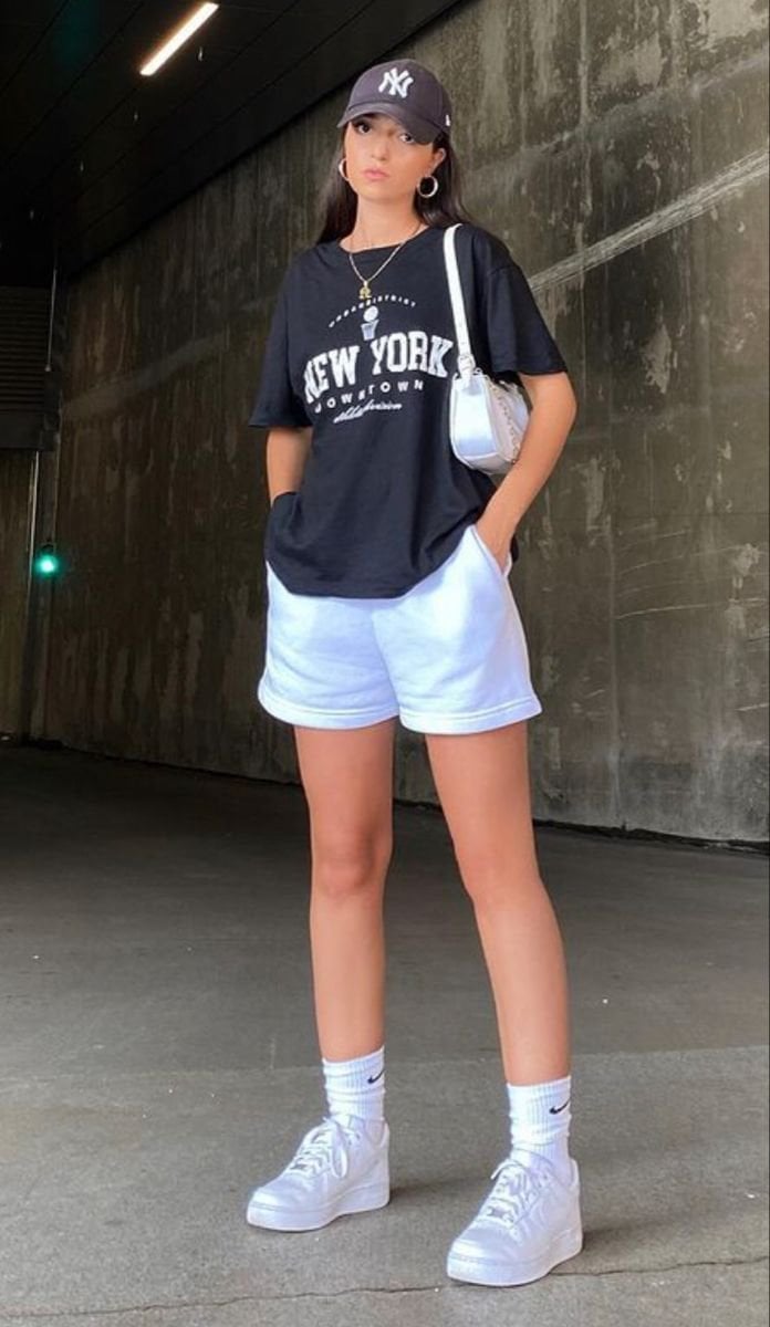 Graphic T-Shirt With Sweat Shorts — Trendy Sporty Outfits