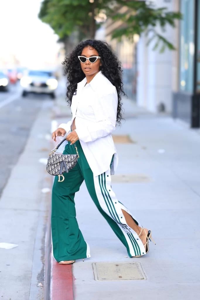 Satin Track Pants With Button-Down Shirt — Trendy Sporty Outfits