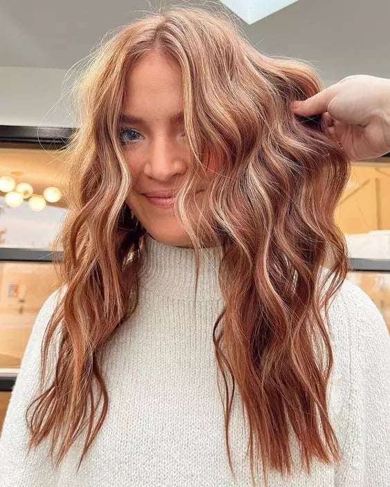 Shoulder Length Shag With Balayage — Trendy Strawberry Blonde