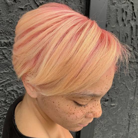 Pastel Strawberry Blonde Pixie With Pink Streaks — Trendy Strawberry Blonde Hair