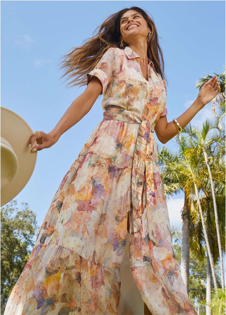 Tiered Floral Print Shirt Dress for Summer Tiered Floral Print Shirt Dress for Summer — Trendy Styling Dress